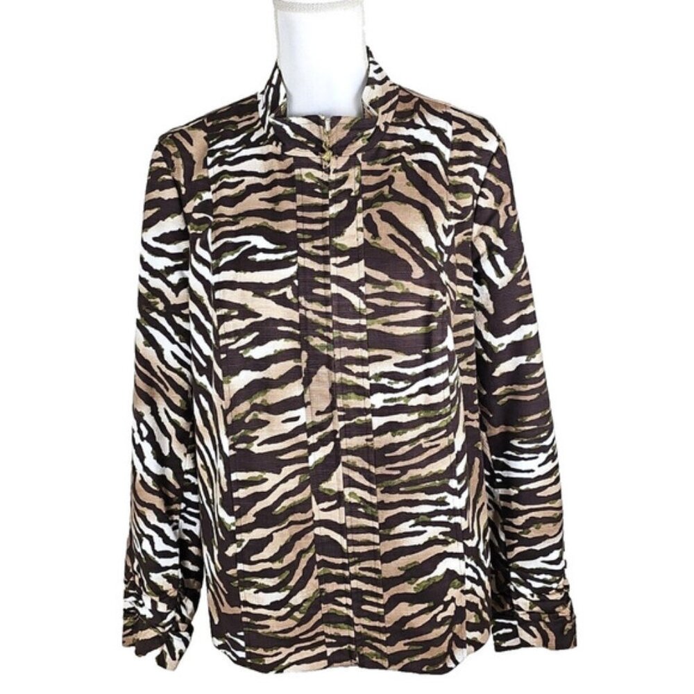 Susan Graver ~Woman Size L~ Brown/Green Animal--Zebra Print Lined Blazer Zip-Up.